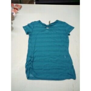 Faded Glory top womens  L 12-14 Turquoise Sheer Stripred Short Sleeve